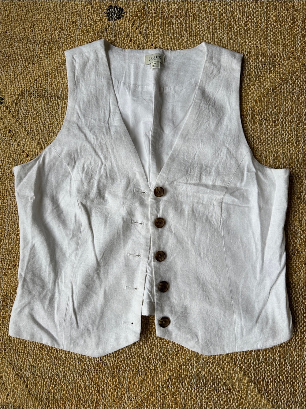 J. Crew White Linen Button-Front Vest with Brown Buttons